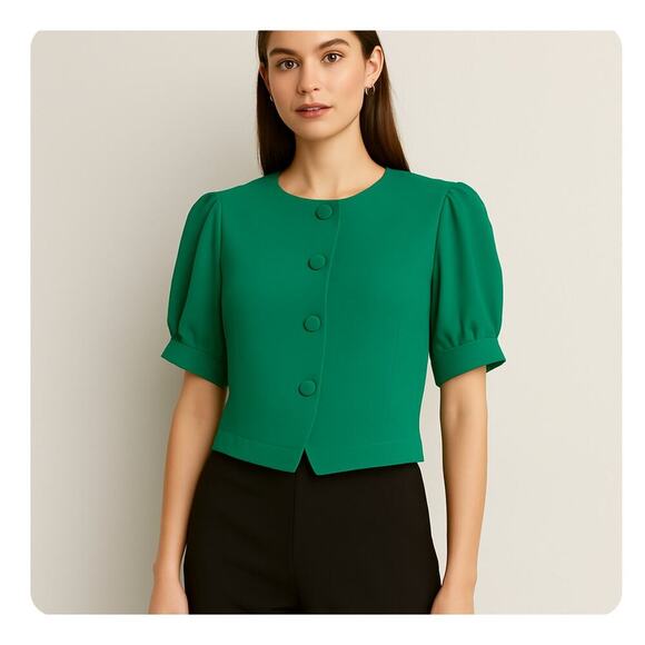 Vera Moda Kelly green blazer button up short puff sleeve career wear SZ M granny - Picture 1 of 8